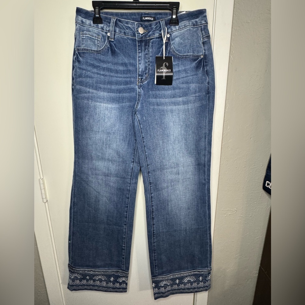 NWT - Women's Blue Flare & Wide Leg Jeans with Embroidered Hem